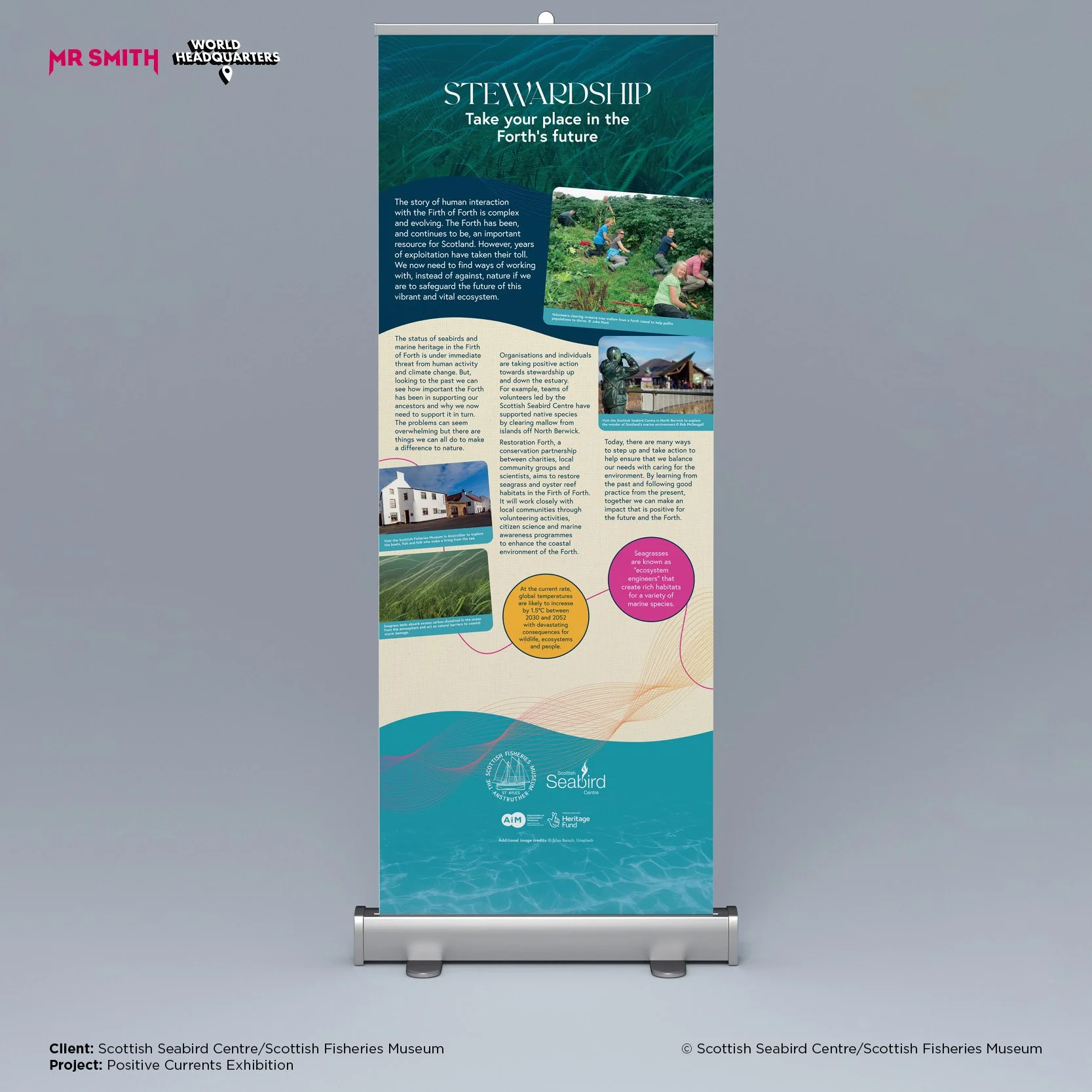 Poster for a Scottish Seabird Centre/Scottish Fisheries Museum exhibition titled 'Stewardship: Take your place in the Forth's future.' The poster features images of people working on conservation activities, a lighthouse, and a natural landscape. It 