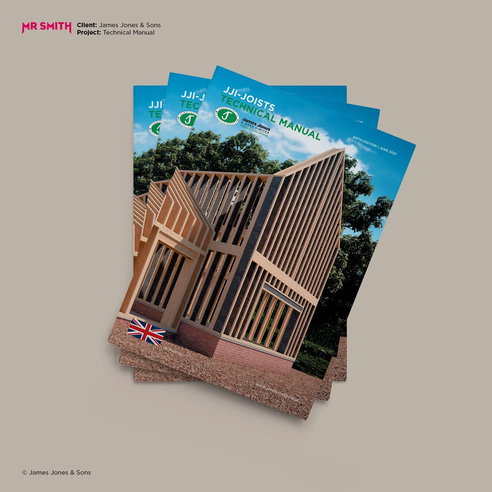 Three copies of a technical manual titled 'JJI-JOISTS TECHNICAL MANUAL,' showing construction of wooden building frameworks with a blue sky and trees in the background, and a small UK flag at the bottom left corner.