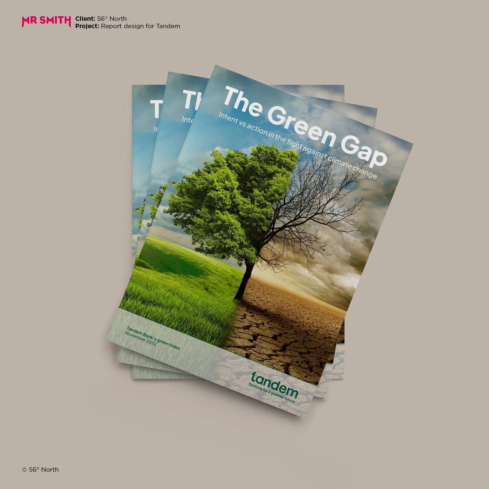 Brochure or report with cover image showing a tree divided into two halves, one lush and green and the other barren and dry, representing environmental change. The cover text reads "The Green Gap" with a subtitle about intent versus action in fightin
