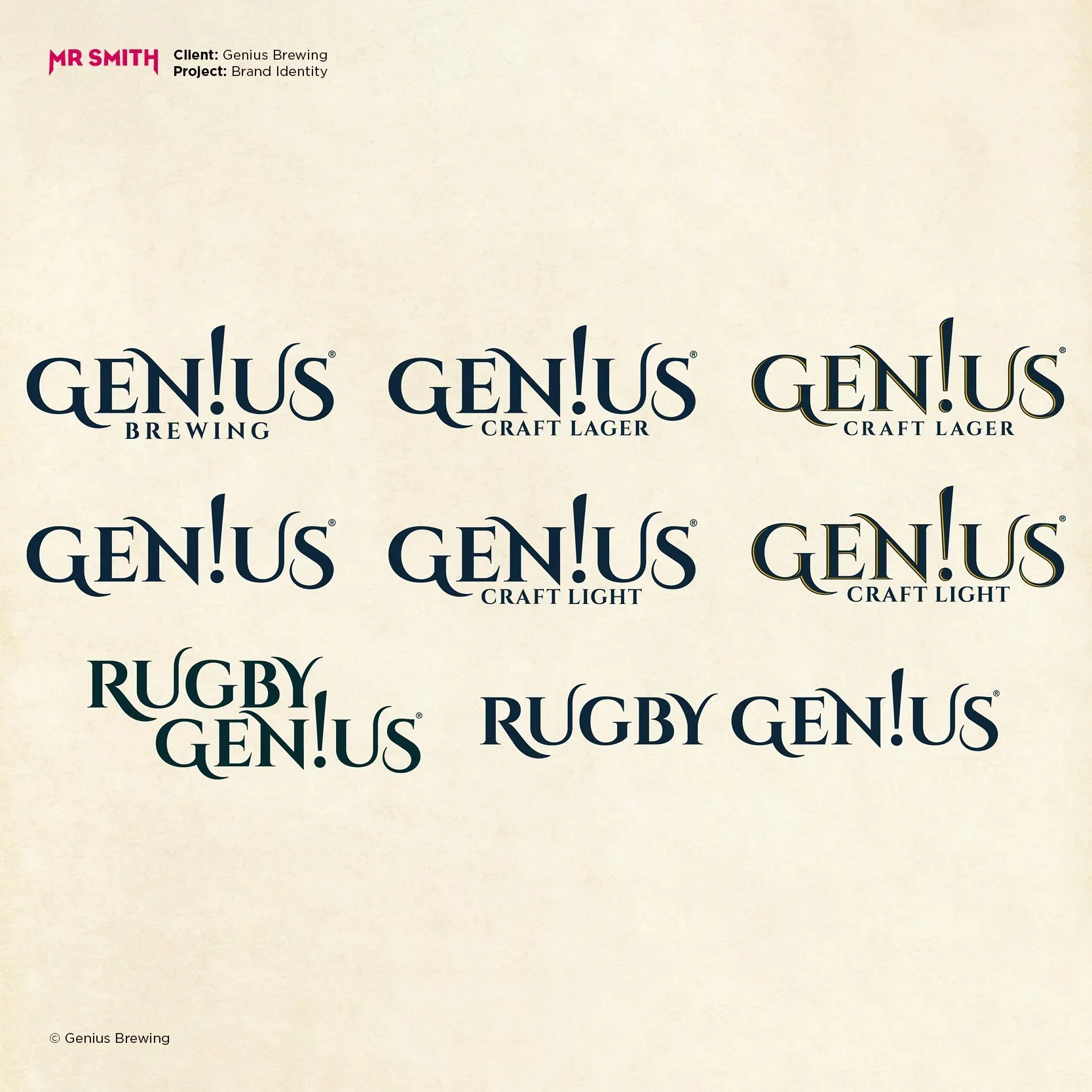 Sheet of branded labels for Genius Brewing with different logo styles and beer names, including Craft Lager, Craft Light, and Rugby Genius.
