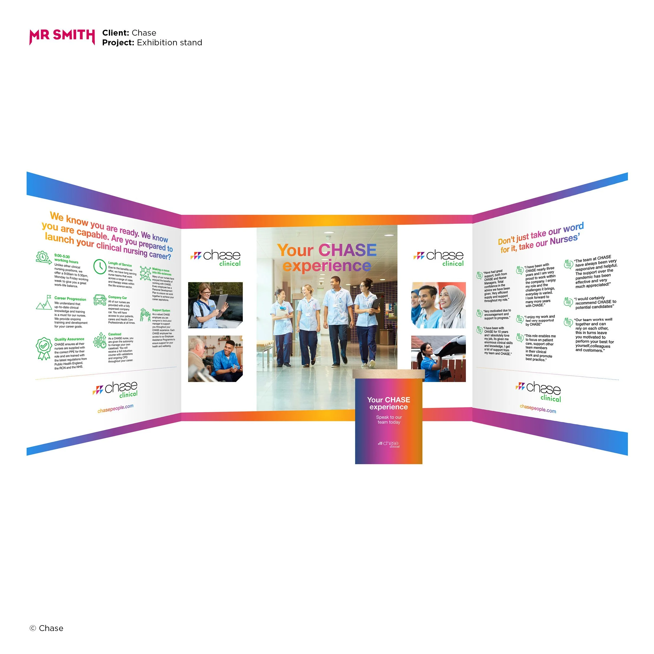 Colorful exhibition stand with images of healthcare professionals, text about clinical career opportunities, and the Chase logo.