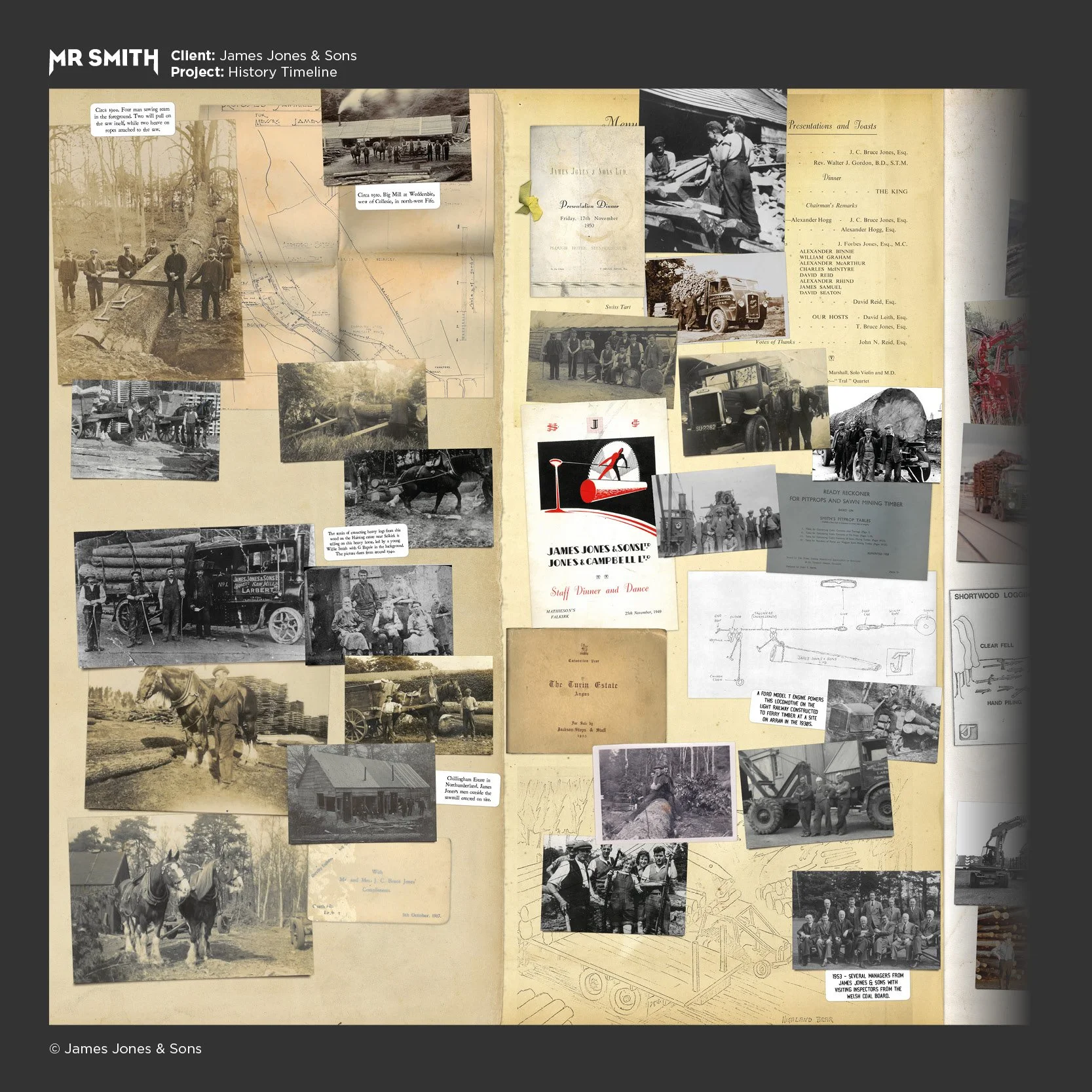 Historical collage of black and white photos, documents, and drawings related to James Jones & Sons, including workers, machinery, trucks, and events from the early to mid-20th century.