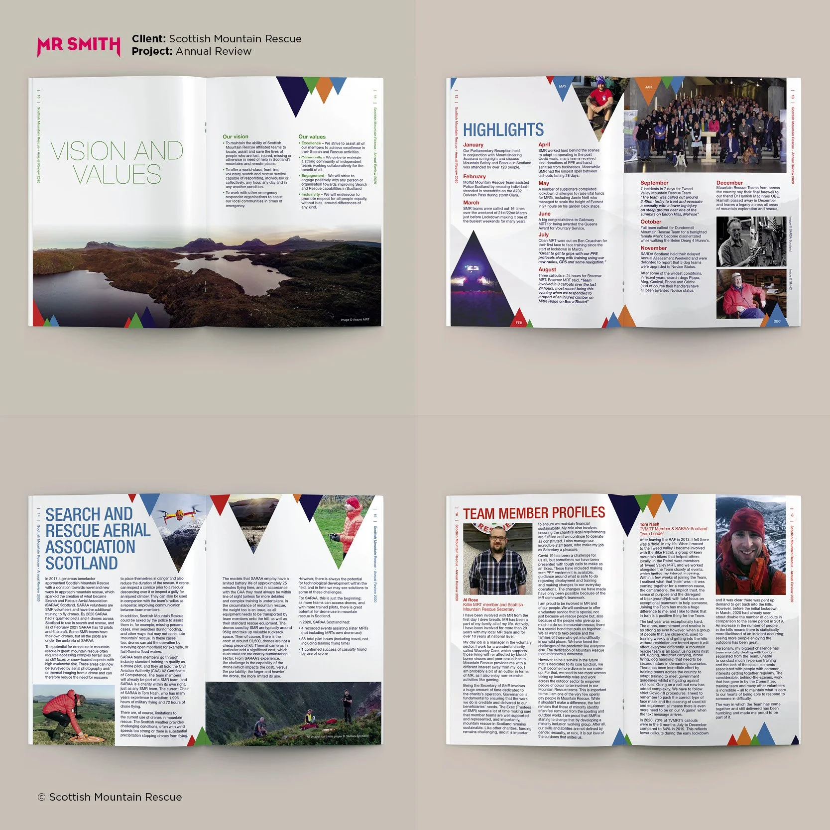 Open booklet showing Scottish Mountain Rescue annual review with sections on vision, values, highlights, team member profiles, and photographs of rescue personnel and mountain landscapes.