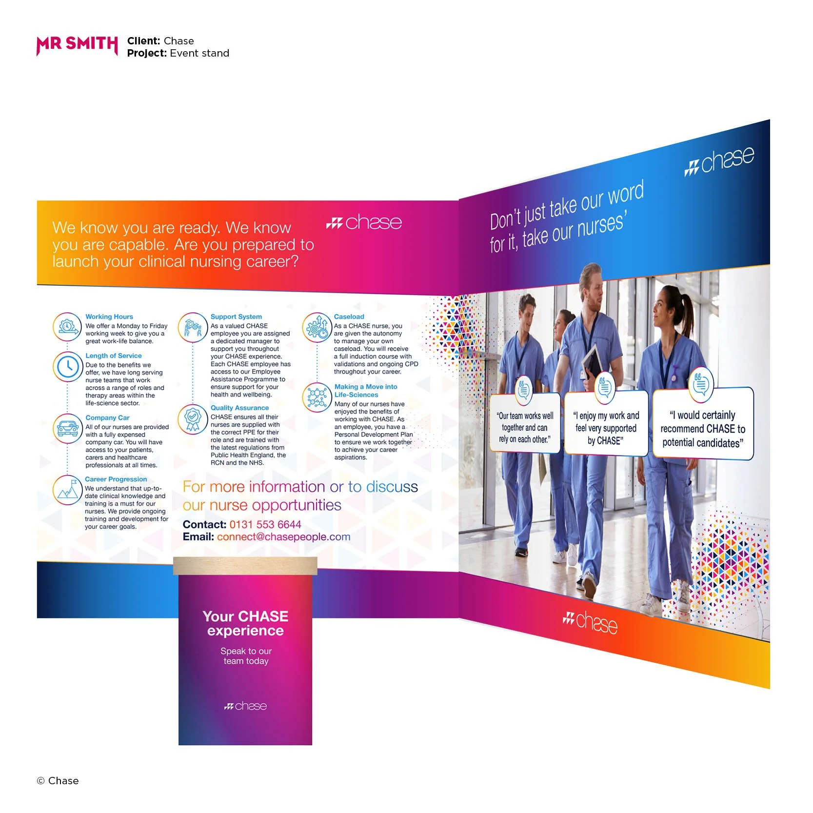 A brochure for Chase emphasizing a career in nursing, featuring a group of nurses walking in a hospital corridor, with quotes about their positive work experience and support from Chase.