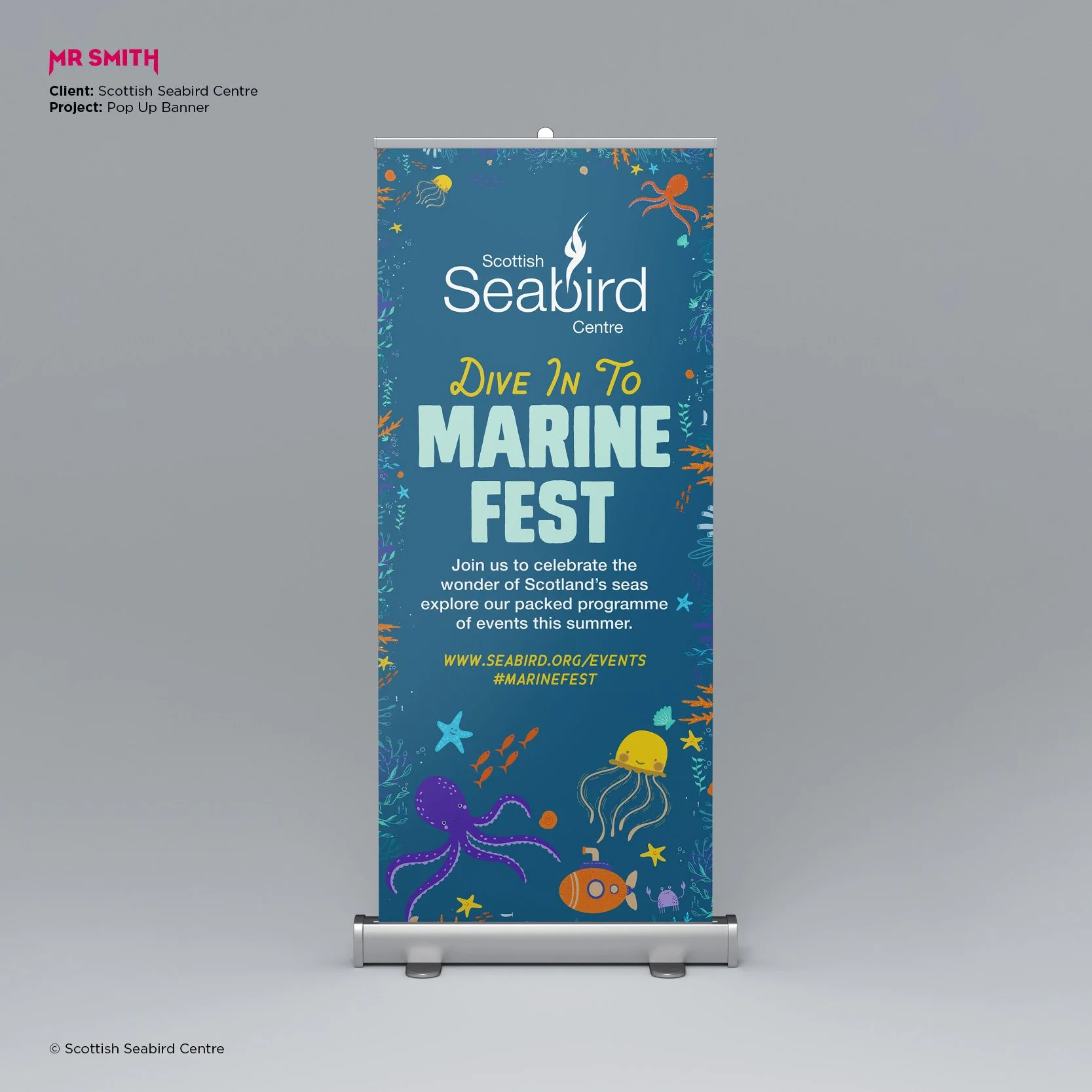A vertical banner promoting the Scottish Seabird Centre's 'Dive In To Marine Fest' event, featuring colorful illustrations of sea creatures like jellyfish, octopus, starfish, fish, and other marine life, with event details and website link at the bot