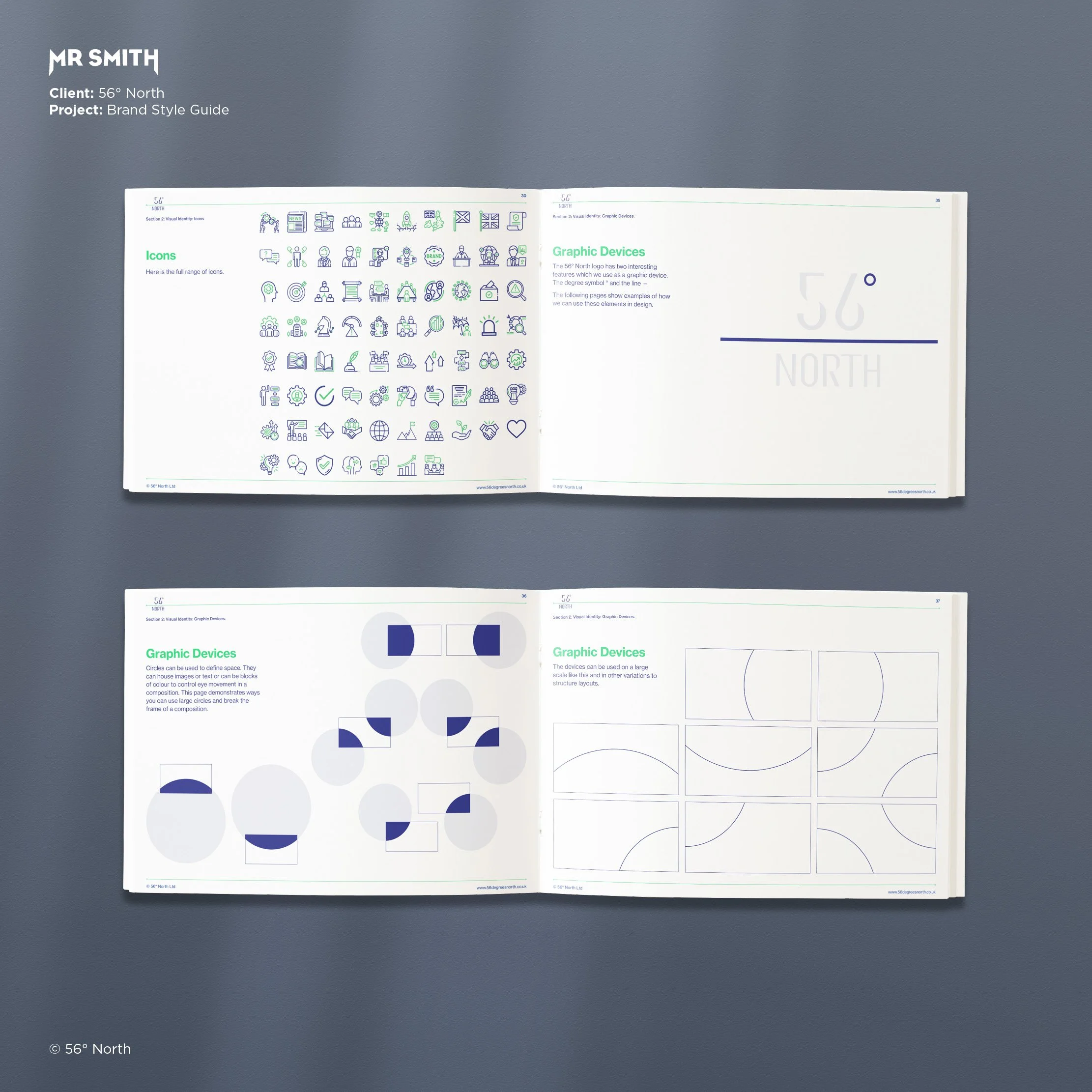 Open brand style guide book lying on a dark gray surface. The guide contains sections on icons and graphic devices, with illustrations of icons and design elements.