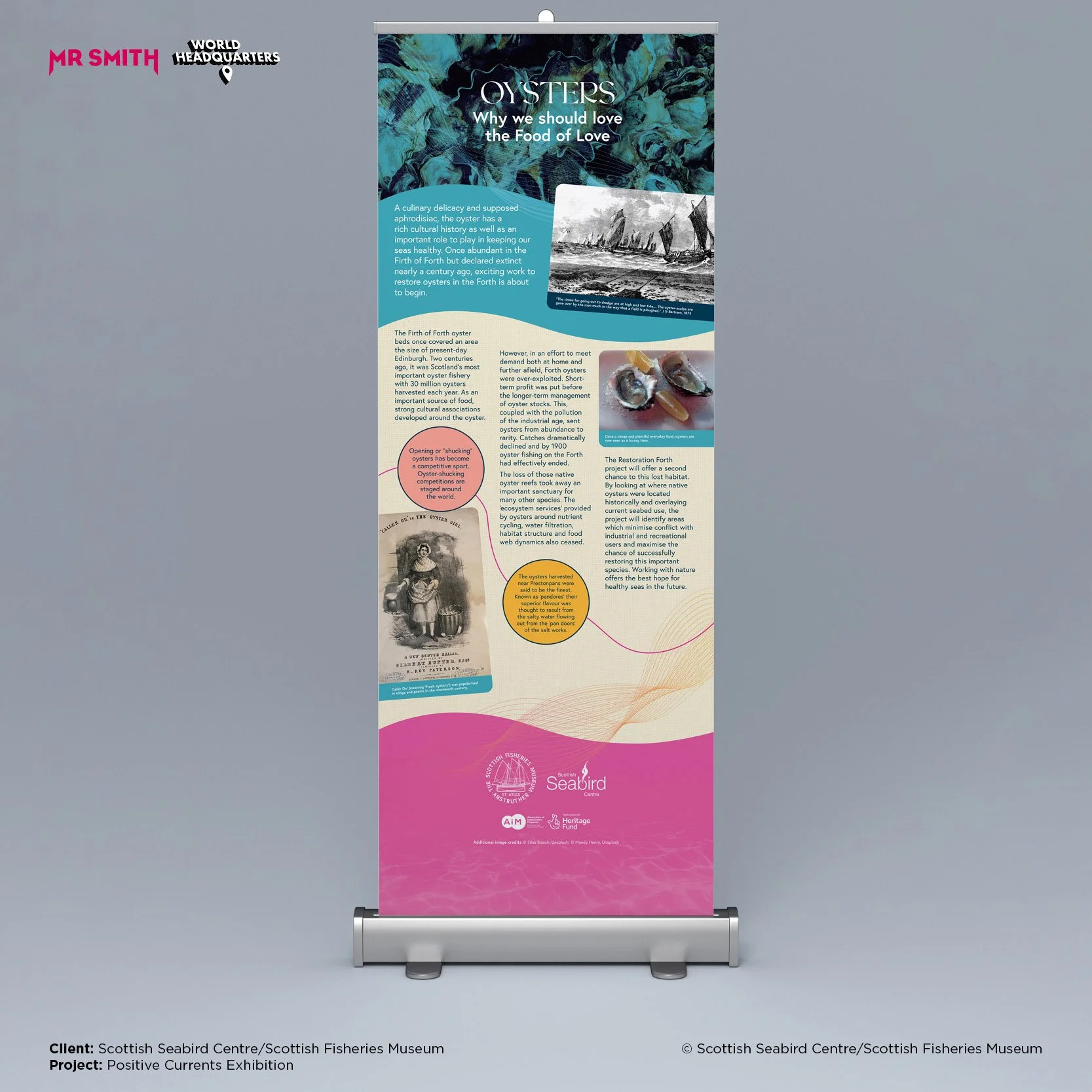 A vertical poster explaining the importance of oysters, with sections of text, historical images, and photographs of oysters, used in an exhibition by the Scottish Seabird Centre and Scottish Fisheries Museum.