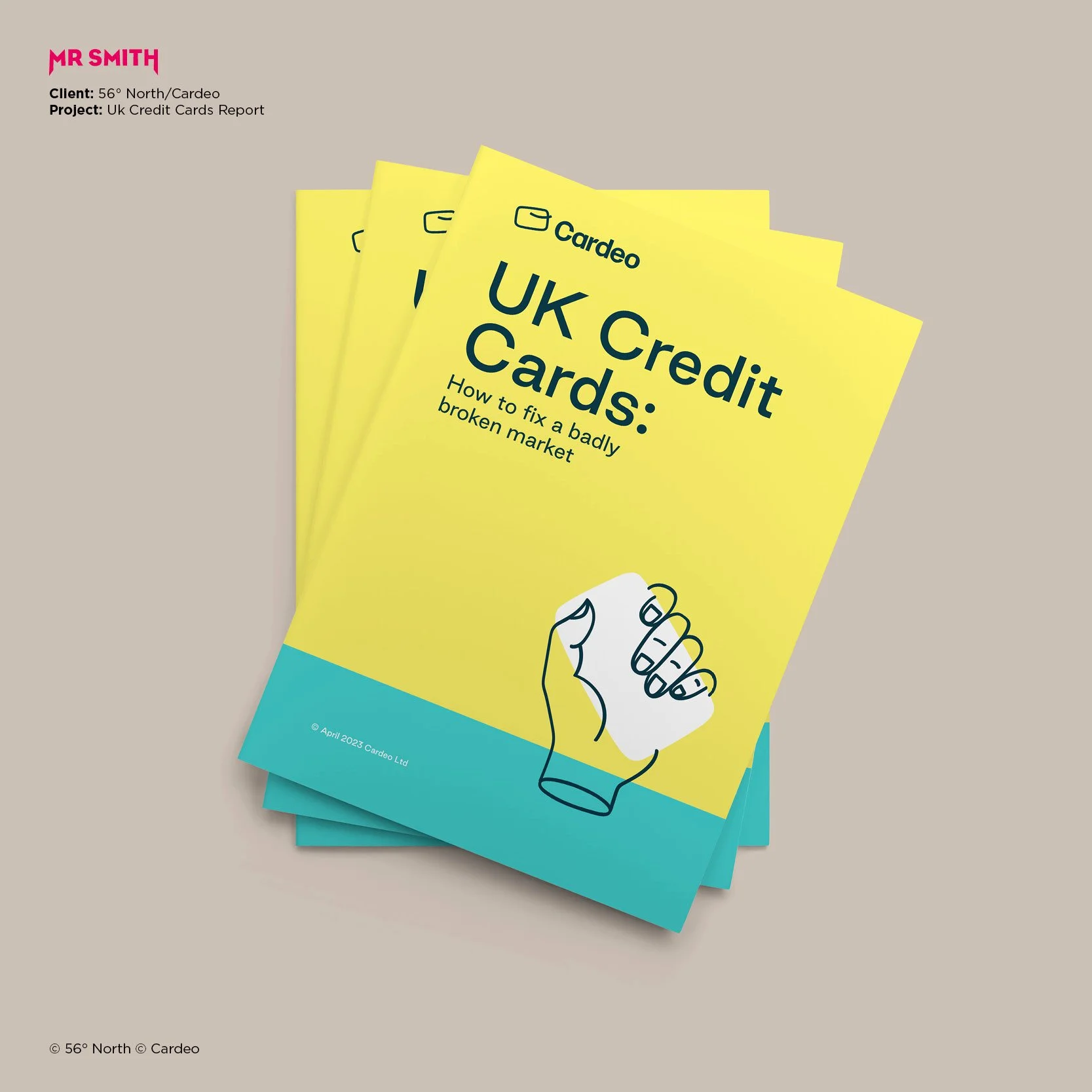 Cover of a booklet titled 'UK Credit Cards: How to fix a badly broken market' with a yellow background, black text, and a minimalist illustration of a hand holding a credit card.