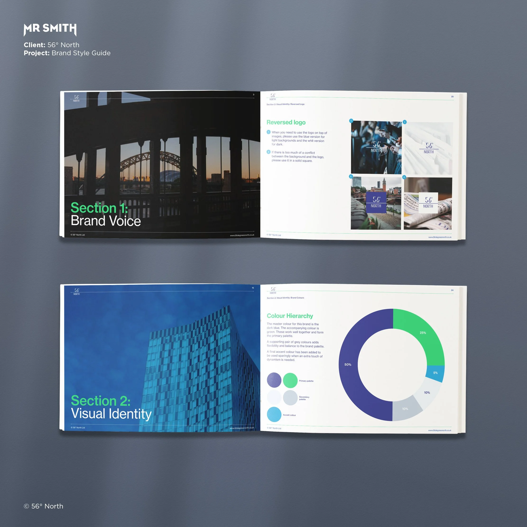 Open brand style guide with two pages visible, featuring a cityscape with bridge at sunset on the left page and a colorful infographic with a pie chart color hierarchy on the right.