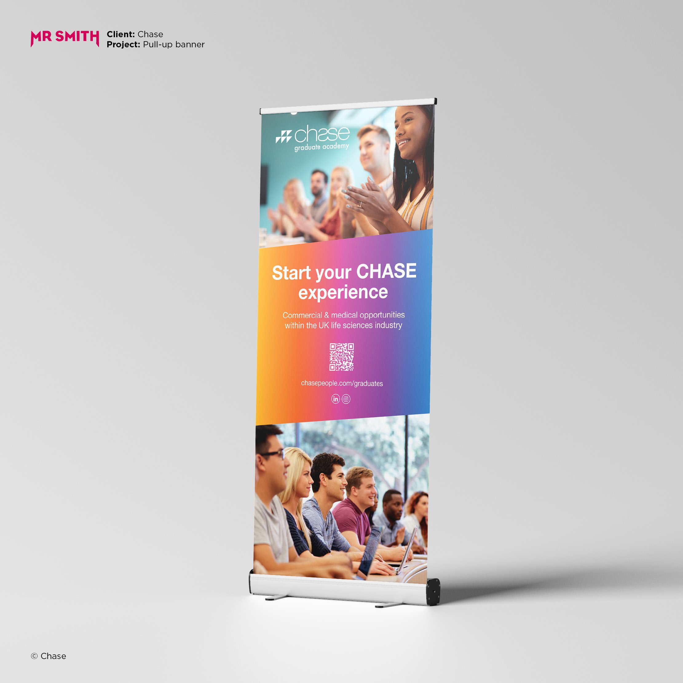 Pull-up banner for Chase graduate academy, featuring a diverse group of young adults attending a class or seminar, with a colorful background and the text "Start your CHASE experience".