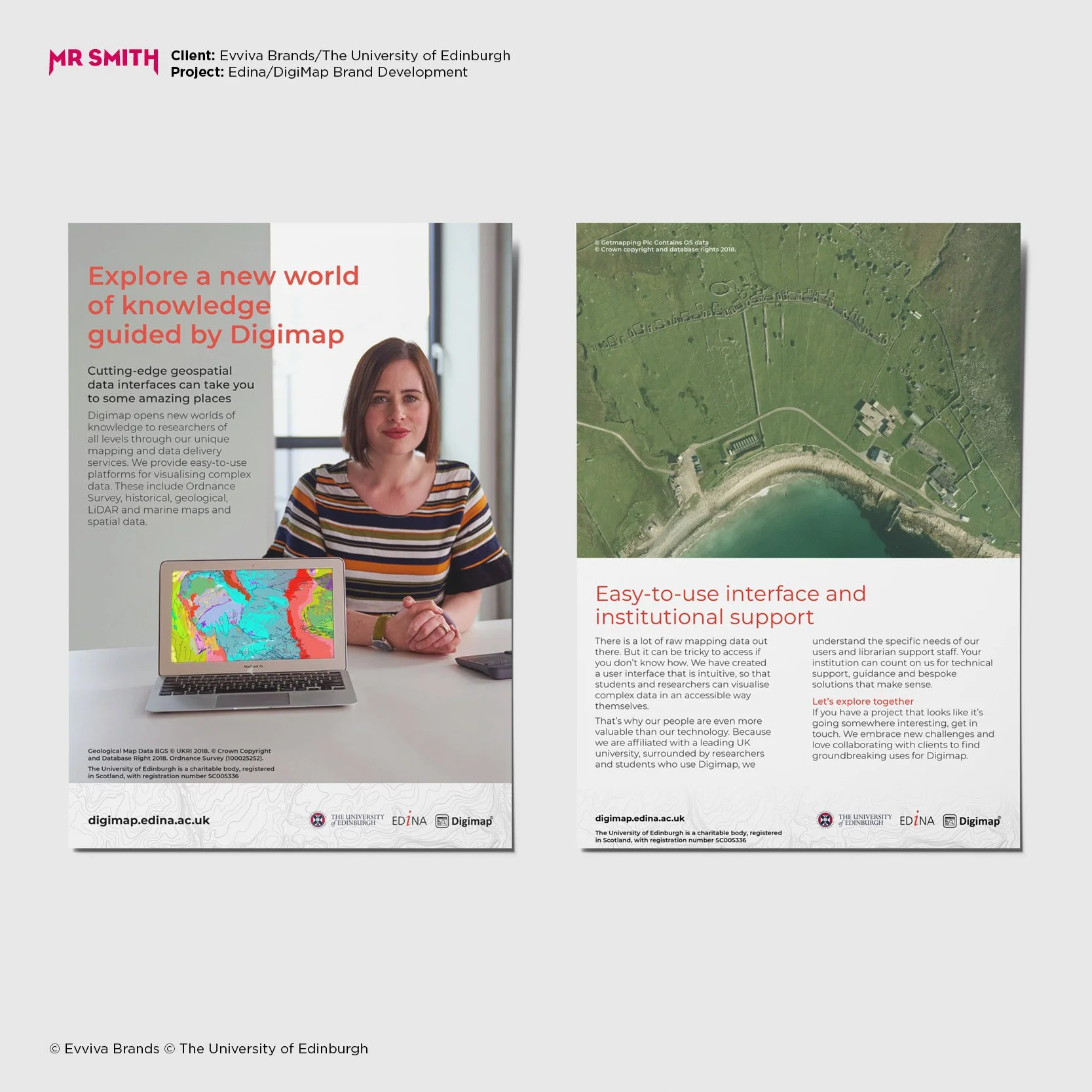 A promotional flyer for Digimap, a geospatial data service supported by the University of Edinburgh, showing a woman holding a colorful map on her laptop, a satellite image of a coastline and land, and various text describing the service.
