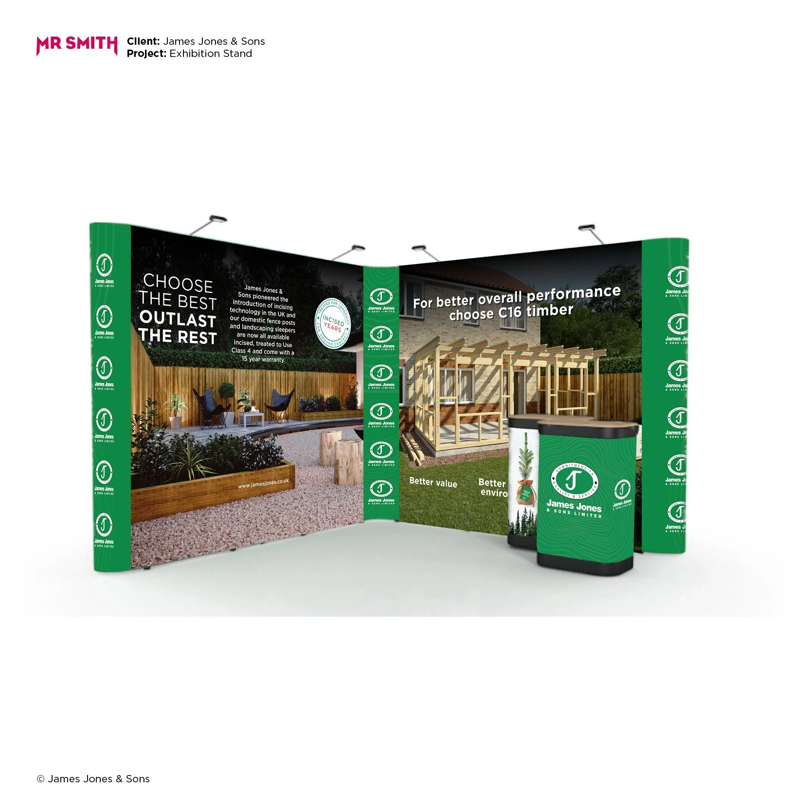 Display booth for James Jones & Sons Limited with promotional material, including an outdoor fencing demonstration and banners highlighting product features and company information.