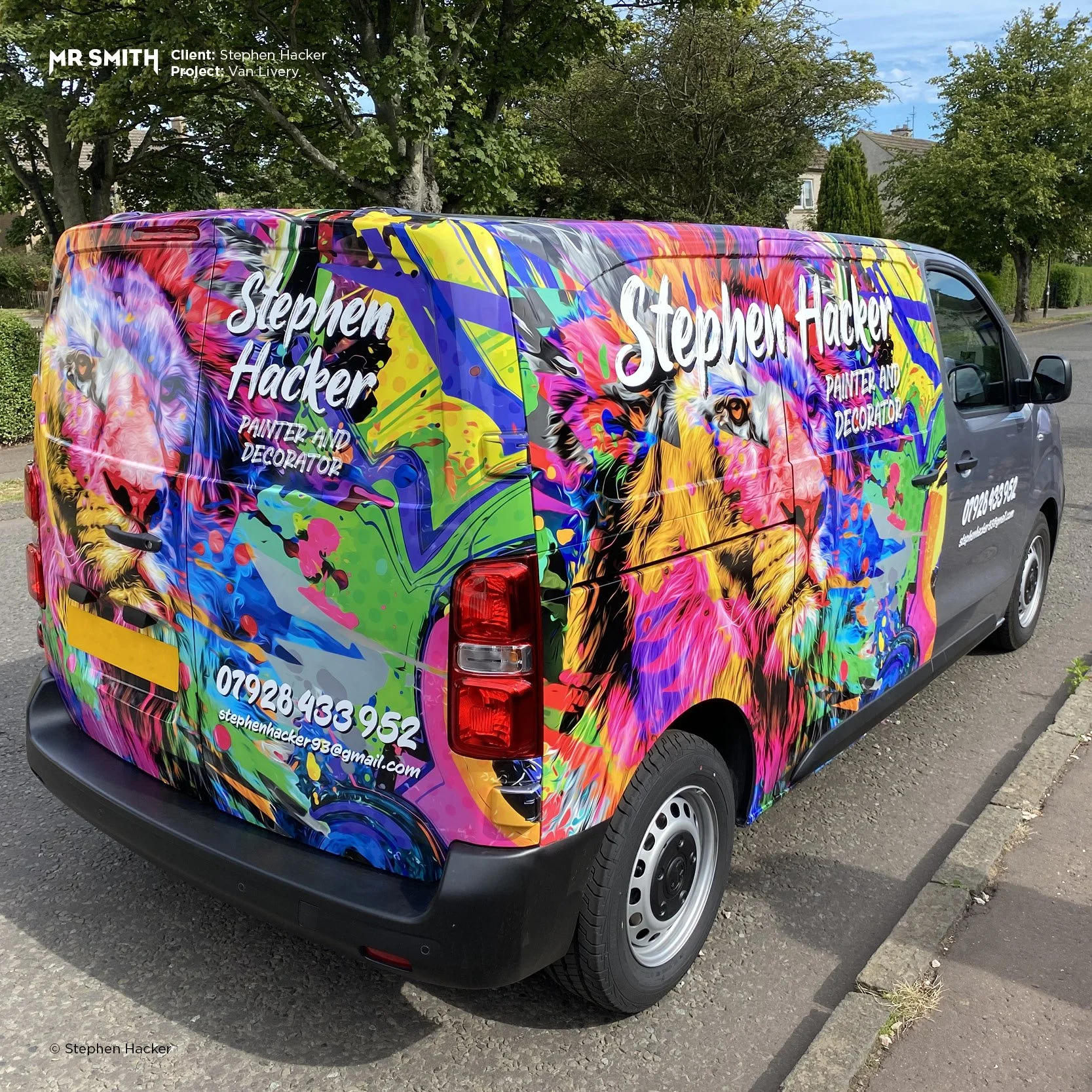 A colorful vehicle wrap on a van featuring a vibrant array of abstract paint splashes and streaks with a lion's face incorporated into the design. The van displays the name Stephen Hacker, who is identified as a painter and decorator, along with cont