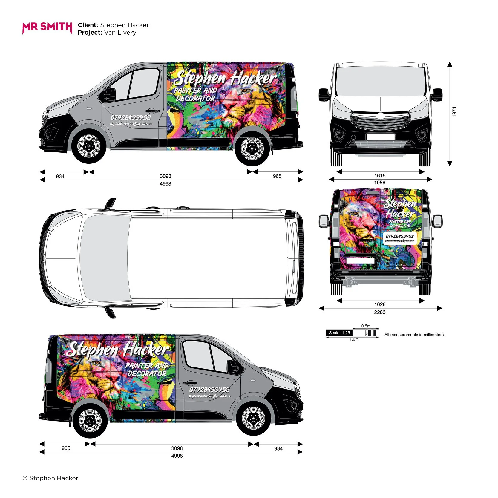 Design blueprint of a delivery van featuring colorful street art-style lion artwork on the side and rear panels, with contact details for painter Stephen Hacker.