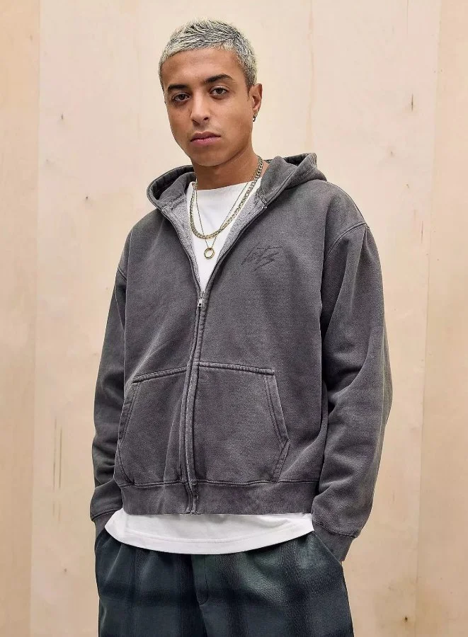 Script Logo Washed Zip-Up Hoodie Sweatshirt