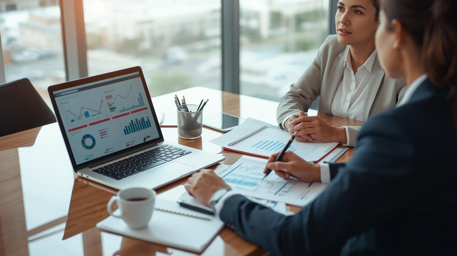 Two women in business attire discussing financial graphs and charts in a meeting room with a laptop and documents on the table.