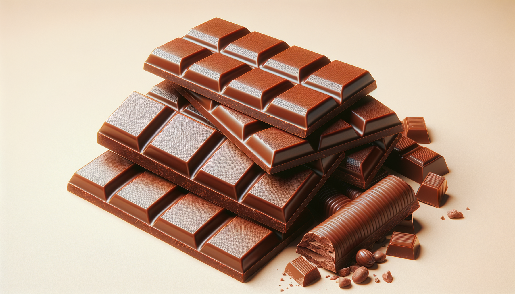 Stacked chocolate bars with one partially broken, revealing creamy filling, on a light-colored surface with chocolate pieces and nuts nearby.
