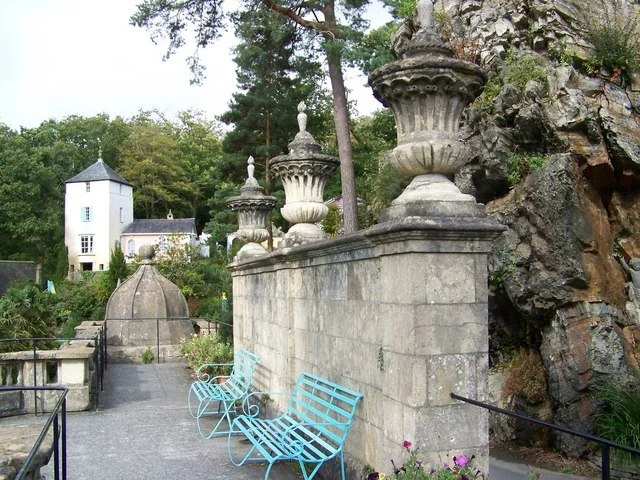 Pastel buildings and planting at Portmeirion village on the North Wales coast