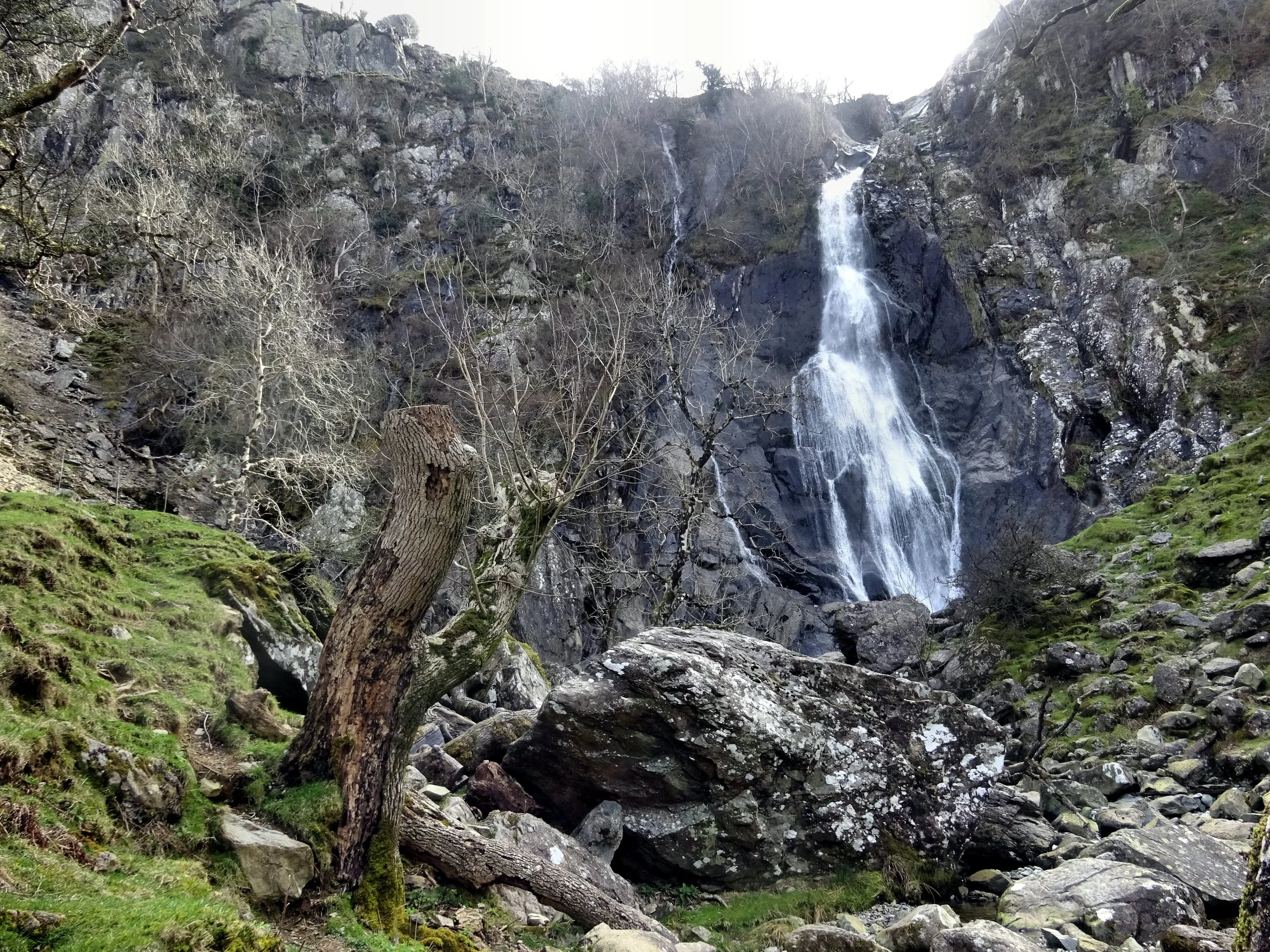 Rhaeadr Fawr, or Aber Falls, tumbling down a rock face into the valley below