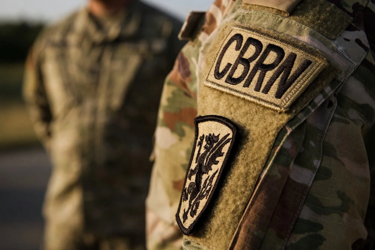 Close-up of a military uniform sleeve with a patch that reads 'CBRN' and another patch with a lion emblem, both in camouflage pattern.