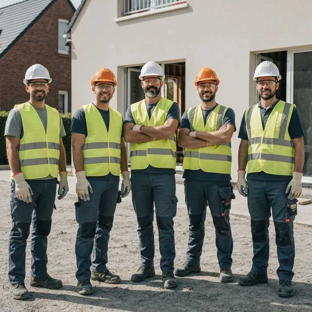 Grupo de cinco trabajadores de construcción con cascos y chalecos reflectantes en un sitio de construcción residencial.