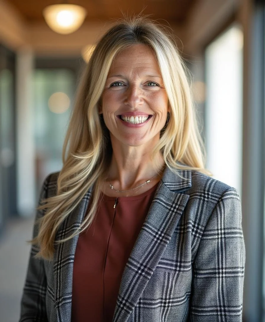 Portrait of a smiling blonde woman wearing a plaid blazer and maroon top inside a well-lit corridor.