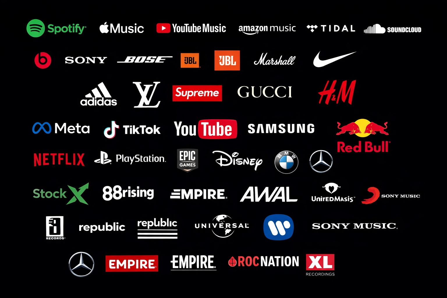 Collection of logos from various brands including Spotify, Apple Music, YouTube Music, Amazon Music, Tidal, SoundCloud, Beats by Dre, Sony, Bose, JBL, Marshall, Nike, Adidas, Louis Vuitton, Supreme, Gucci, H&M, Meta, TikTok, YouTube, Samsung, Red Bull, Netflix, PlayStation, Epic Games, Disney, BMW, Mercedes-Benz, StockX, 88rising, Empire, AWAL, UnitedMasi, Sony Music, Universal, Warner Music, and others, all arranged on a black background.