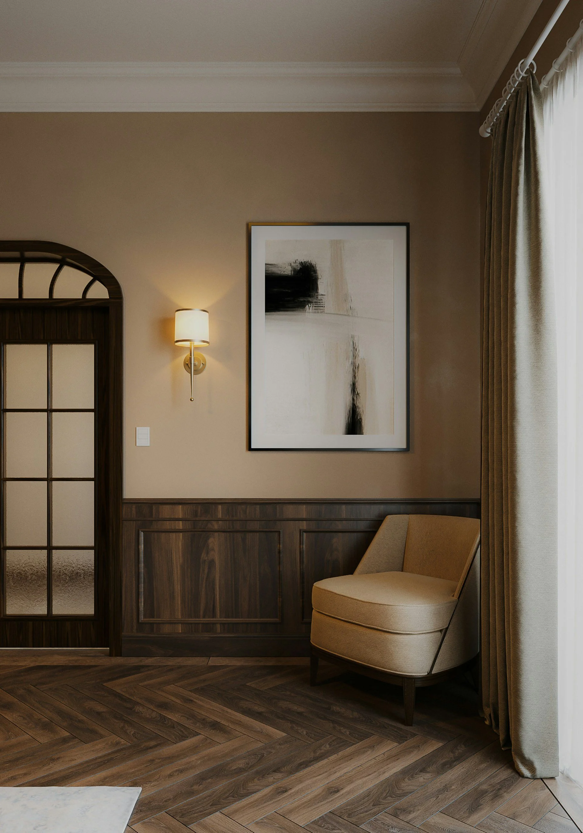 A cozy corner in a room with beige walls, a wall-mounted lamp, a framed abstract black and white painting, a beige armchair, and a window with curtains.