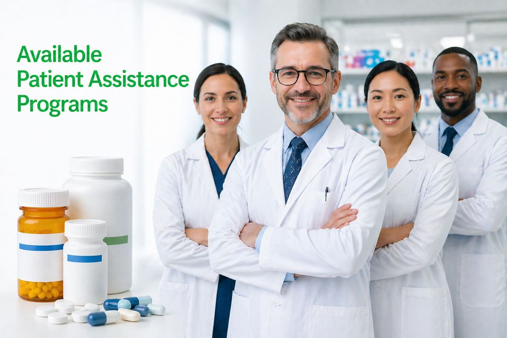 Pharmacy team in white coats with prescription bottles