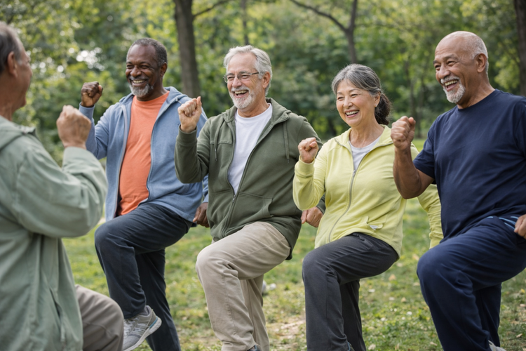 Older adults exercising together in a park