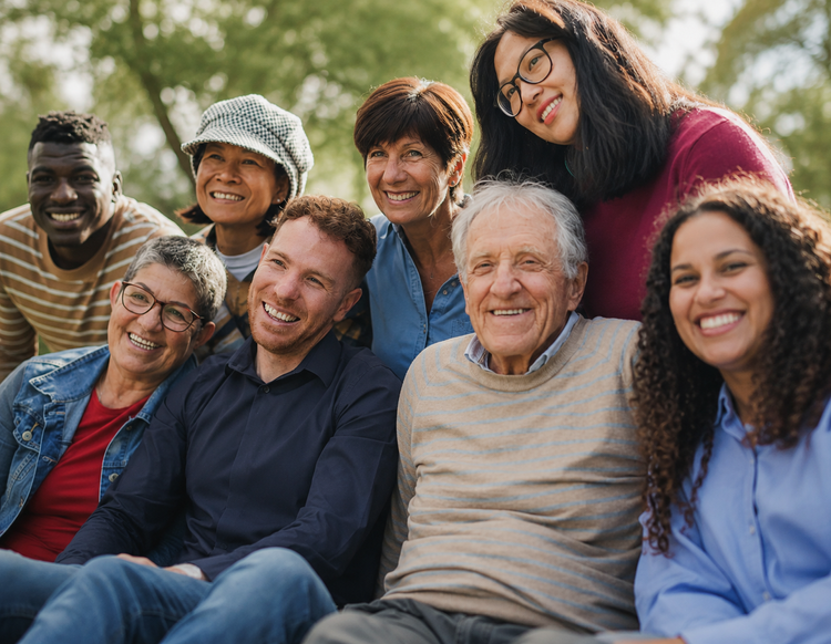 A group of smiling adults of different ages