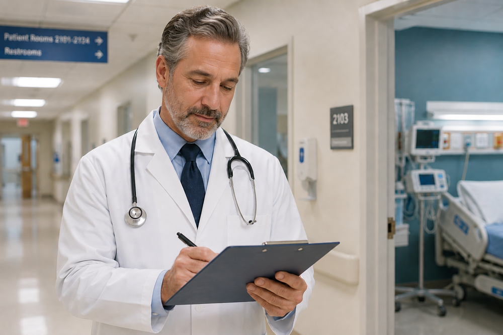 A doctor reviewing paperwork on a clipboard