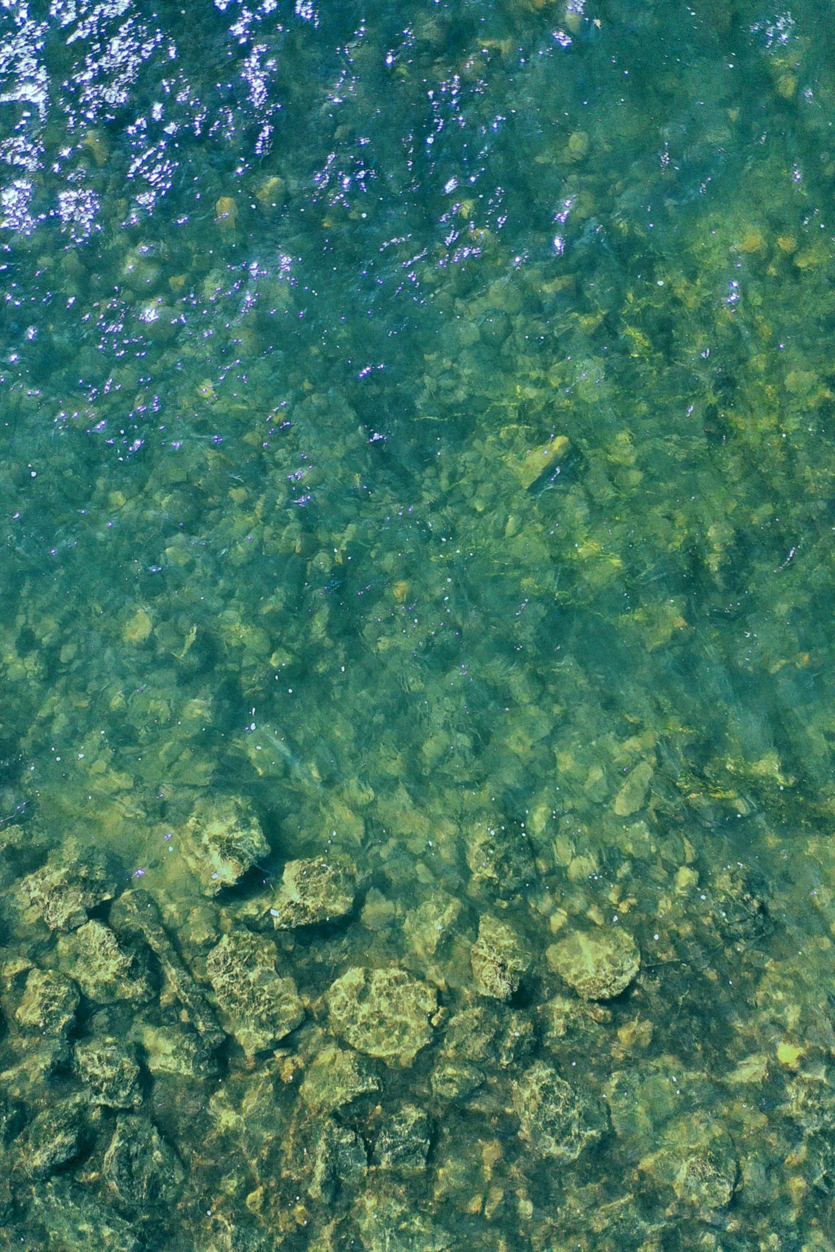 Clear water with greenish hue showing rocky riverbed underneath with reflections of sunlight.