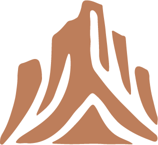 A stylized drawing of a mountain with brown and black outlines