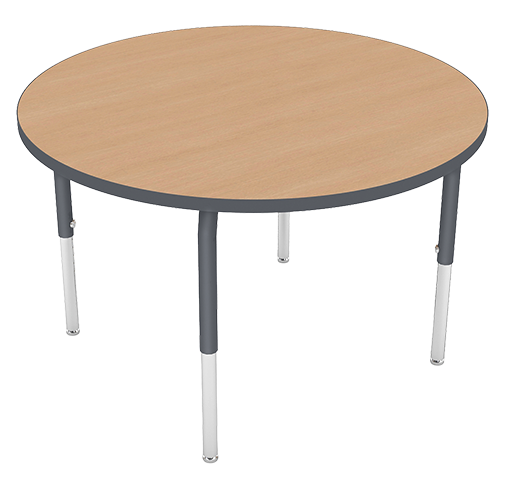 Round table with a light wood top and metal legs.
