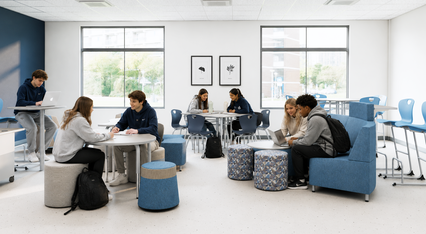 Six students in a modern, bright lounge or common area, sitting in small groups with laptops and notebooks, with large windows and minimalist decor.