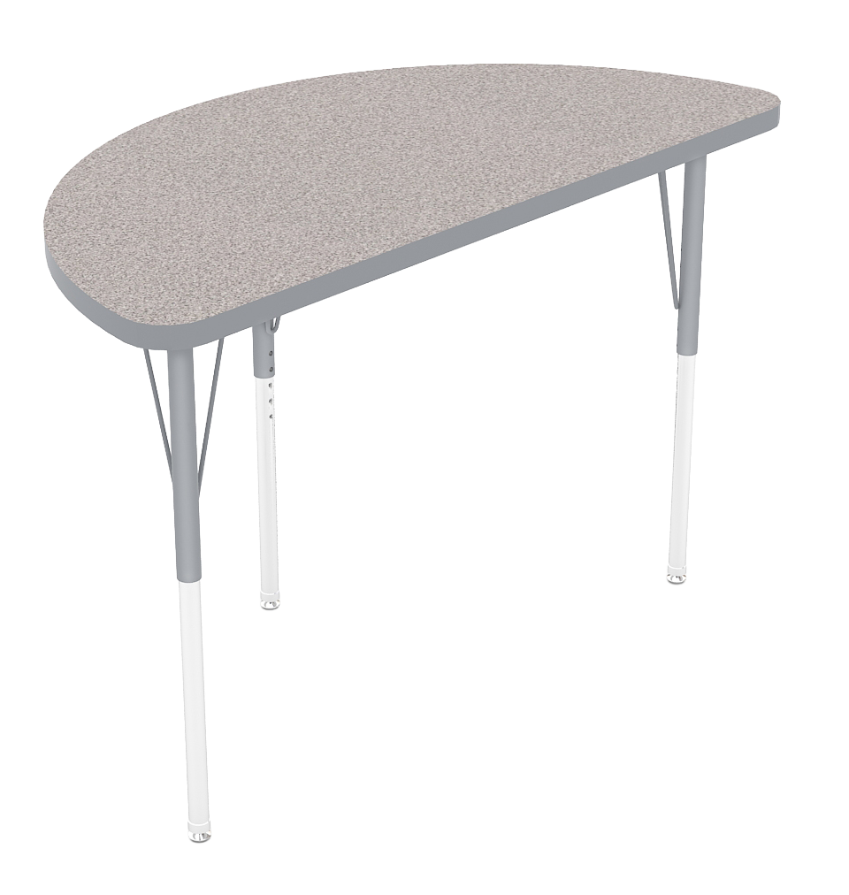 A gray folding table with metal legs and a textured top.