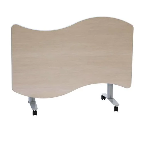 A mobile privacy divider with a curved beige wooden panel and metal legs with caster wheels.