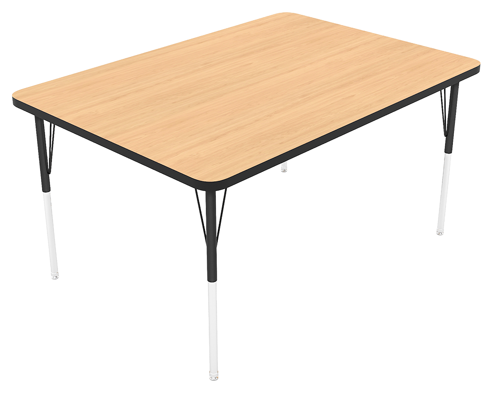 A rectangular table with a light wood surface, black trim, and white and black metal legs.