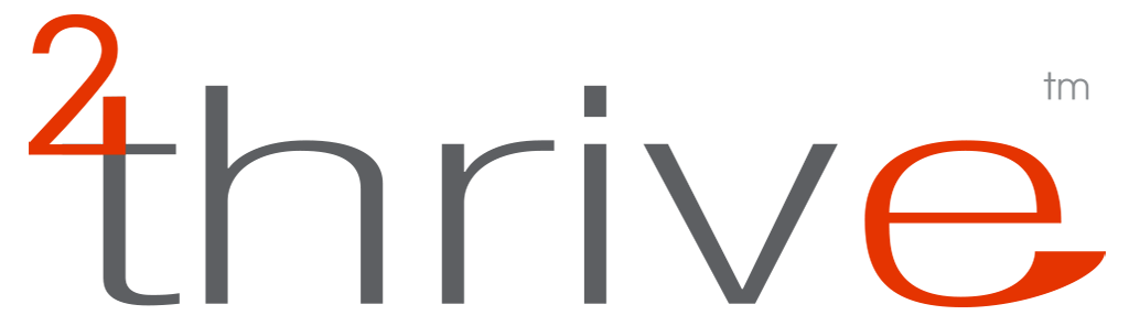 The logo displays the words 'Thrive' with a stylized lowercase 'e' in red and the number '2' in red above the 't', indicating the phrase 'Thrive 2'.