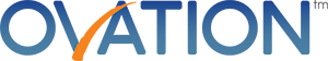 Ovation logo with blue and orange colors, featuring abstract shapes and text.