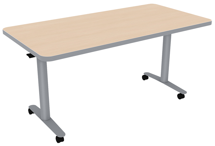 Adjustable wooden desk with metal legs and black rubber feet.