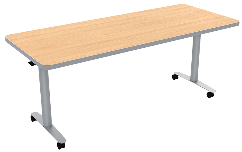 A wooden surface desk with metal legs and wheels.