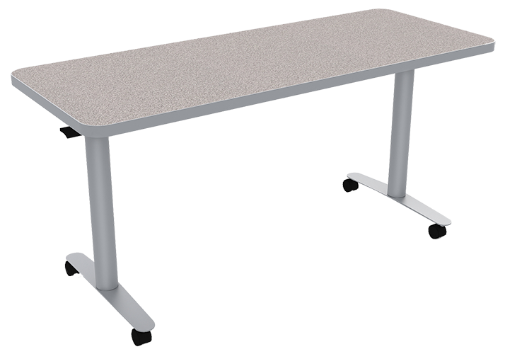A desk with a beige tabletop and gray metal legs on casters.