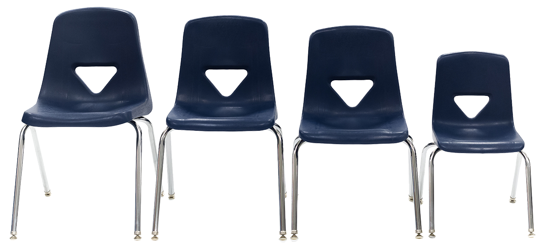 Four blue plastic chairs with metal legs arranged in a row.