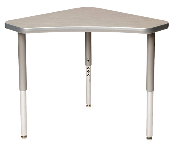 A small, gray, square table with four metal legs.