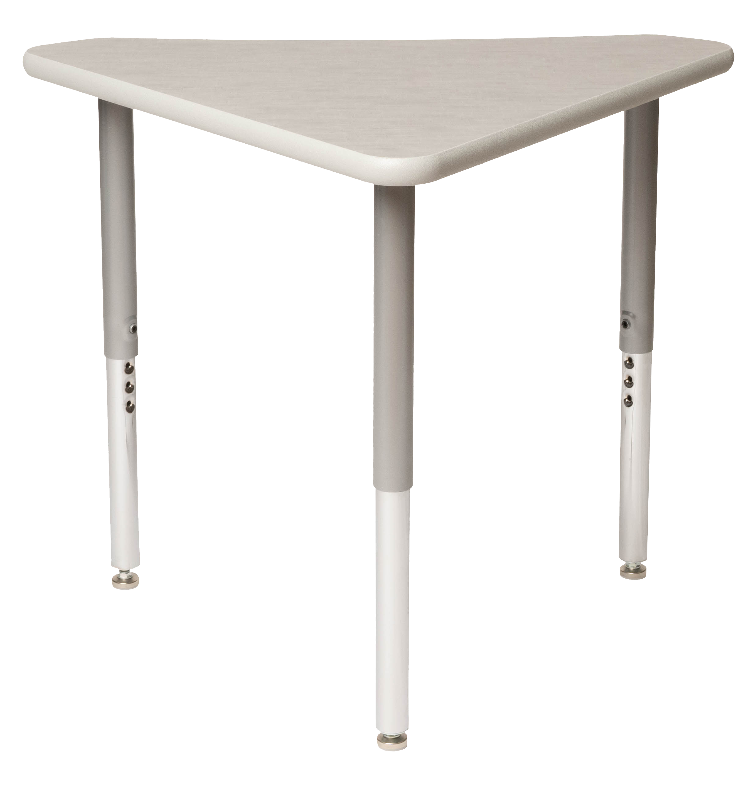 Close-up of the legs and corner of a modern white chair with cylindrical metal legs and adjustable height mechanism, against a transparent background.