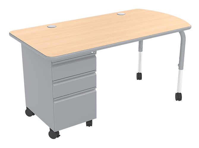 Office desk with a light wood top, grey drawers, and white and grey legs on wheels.
