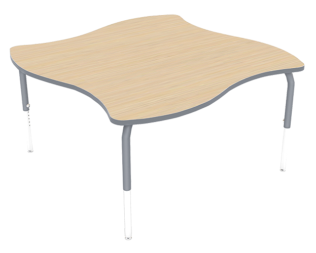 A modern, wavy-shaped wooden desk with metal legs.