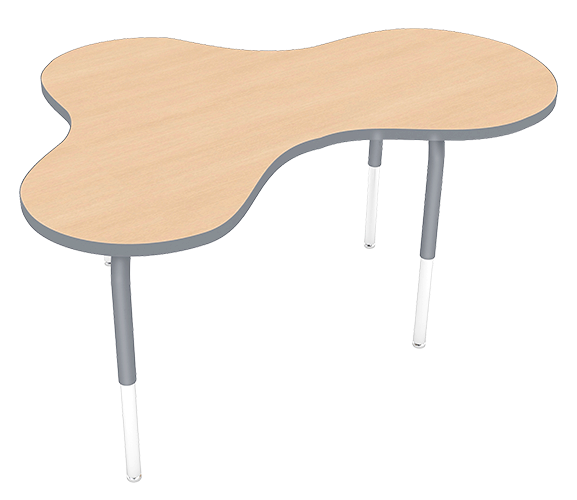 Wooden table with a kidney-shaped top and gray legs